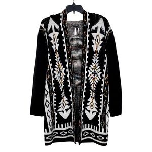 Pinklicious Geometric Aztec Tribal Hooded Open Front Knit Cardigan Large/XL
